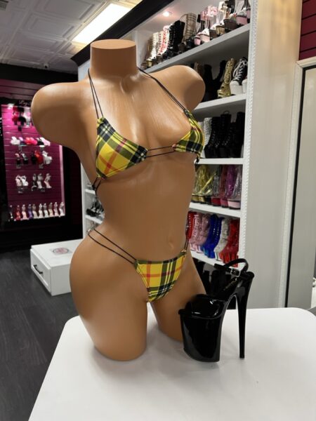 yellow plaid micro bikini with triangle top and thong bottom on mannequin