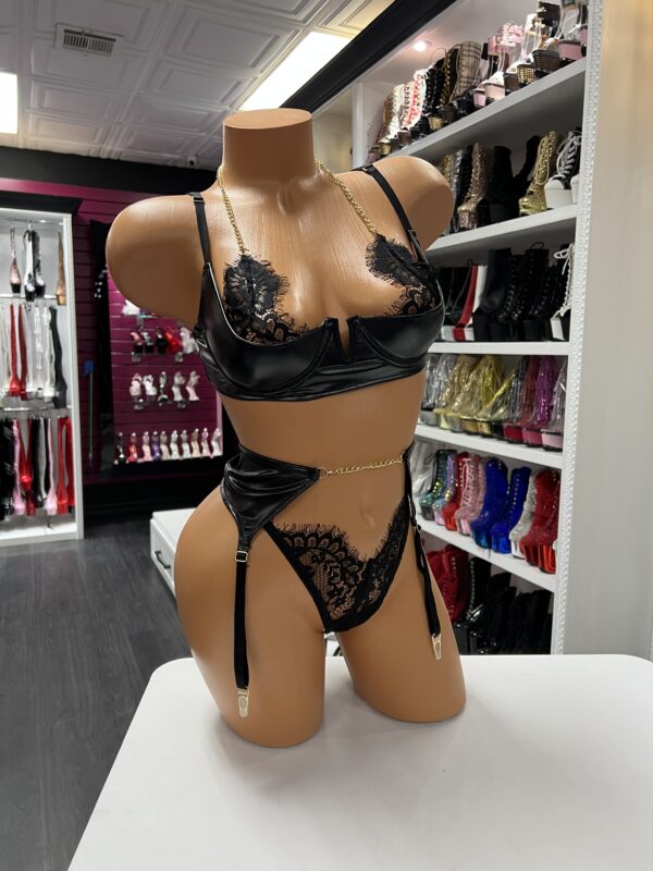 Black Satin and Lace Lingerie Set – With Garter Belt & Chain Detail - Image 4