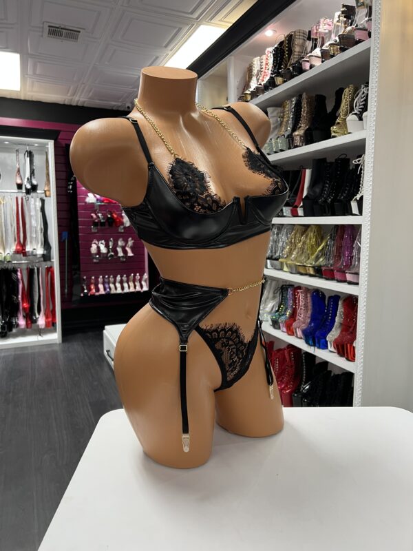 Black Satin and Lace Lingerie Set – With Garter Belt & Chain Detail - Image 3