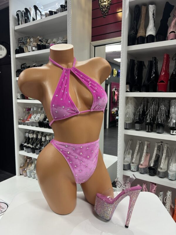 pink rhinestone halter set with high-waist bottoms and rhinestone platform heels