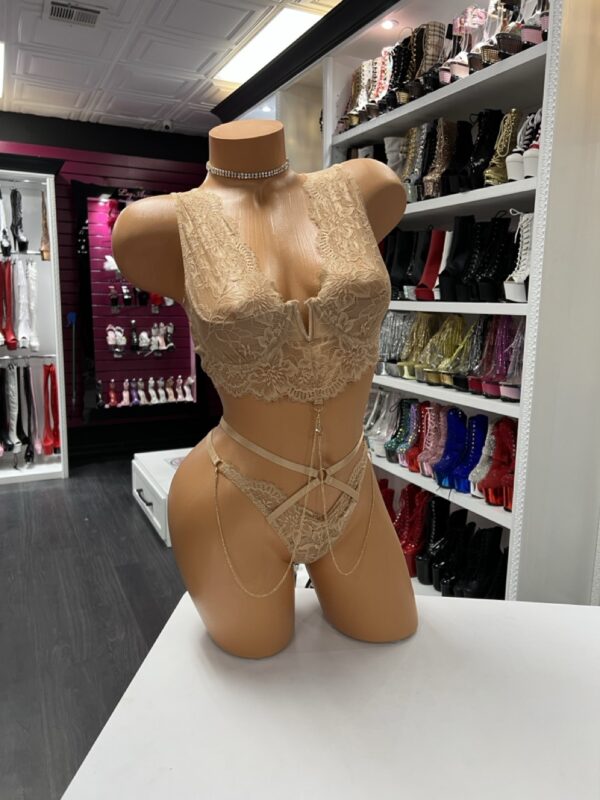 Nude Lace Lingerie Set with Gold Body Chains - Image 5