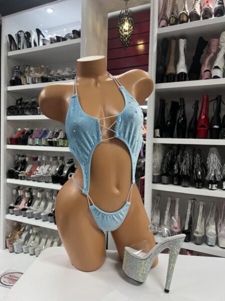 Baby blue rhinestone romper with halter tie and cutout details