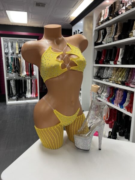 Electric sun yellow fishnet set with rhinestone bra top thong and thigh high stockings