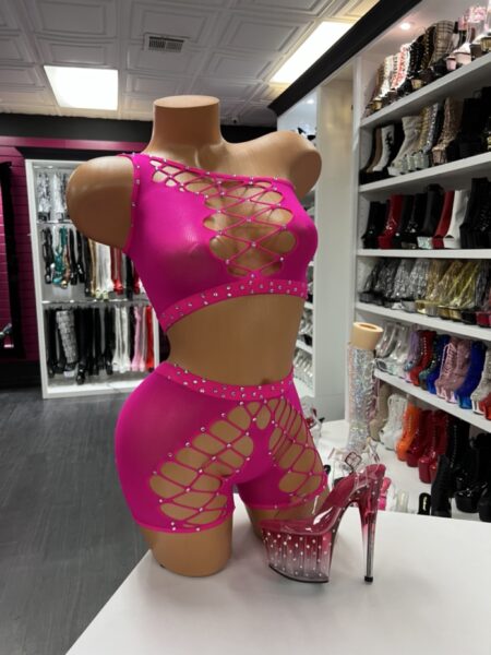 Hot pink fishnet two piece set with lace-up details and crystal accents