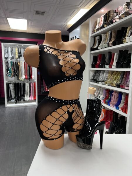 Black fishnet two piece set with rhinestone details and cutout design
