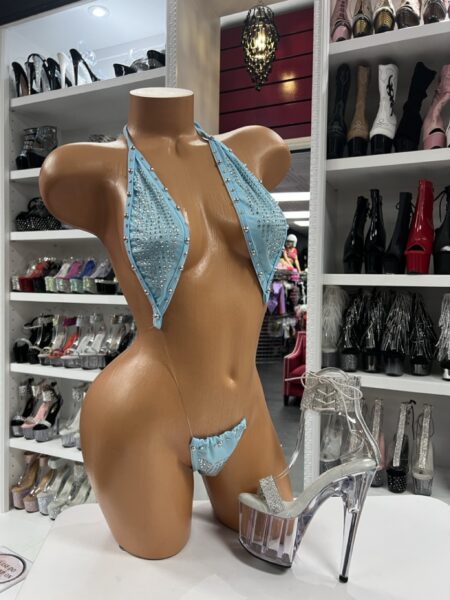 baby blue rhinestone slingshot with rhinestone top and g-string bottom on mannequin