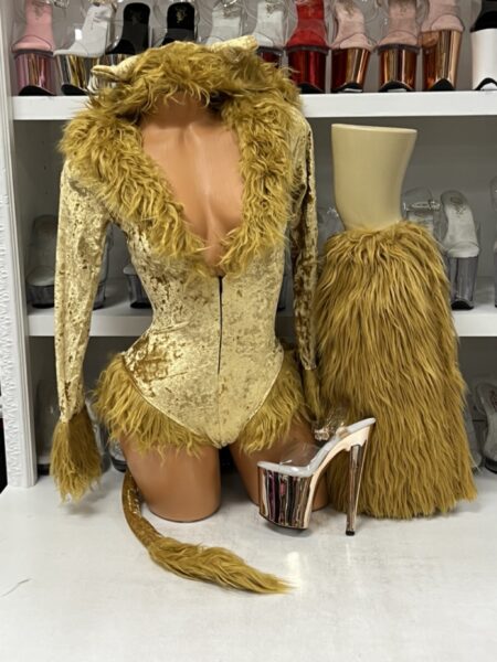 Lusty lioness costume gold sequin bodysuit furry hood mane tail