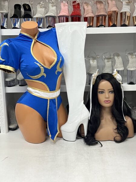 Street Combat Cutie royal blue fighting-inspired costume with metallic gold trim, chest cutout, white waistband, and decorative front panel