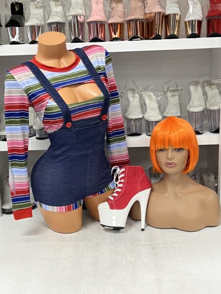 “Deadly Playdate Costume with striped top, denim romper, and red boots by Roma”