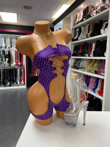 Purple rhinestone romper with cut-out sides and sparkling crystal details