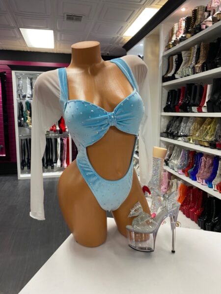 Baby blue velvet bodysuit with sheer mesh sleeves and cutout design