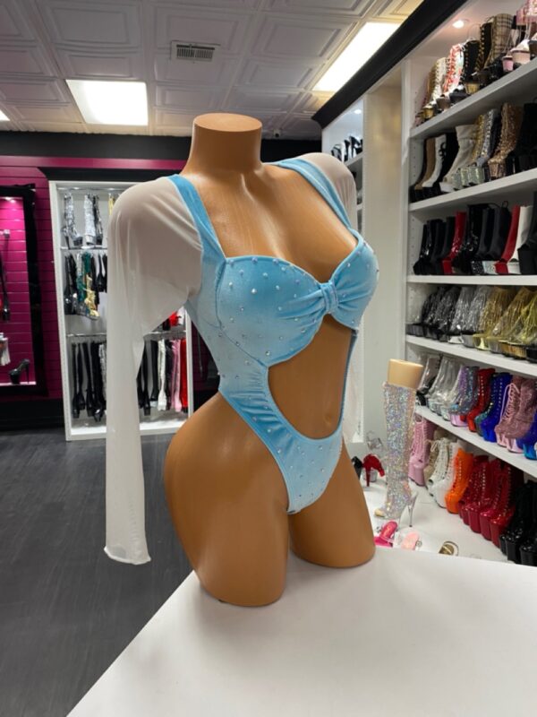 Azure Dreams Baby Blue Velvet Bodysuit - Sheer Mesh Long Sleeves - Image 4
