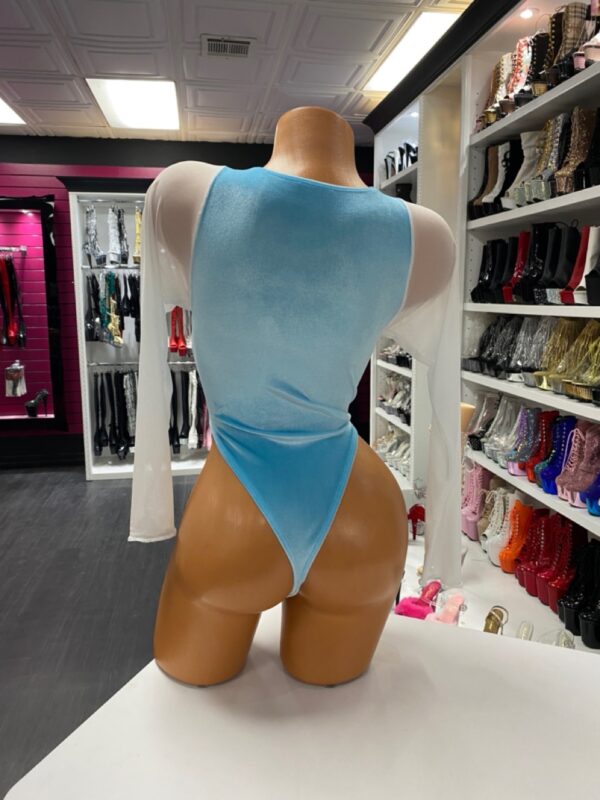 Azure Dreams Baby Blue Velvet Bodysuit - Sheer Mesh Long Sleeves - Image 3
