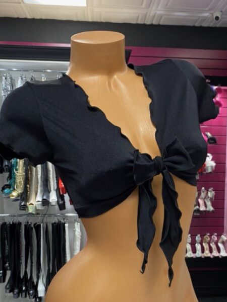 Black tie front crop top with puff sleeves and deep v-neckline