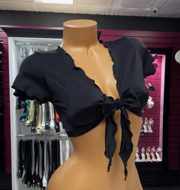 Black tie front crop top with puff sleeves and deep v-neckline