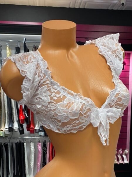 White lace crop top with off-shoulder ruffles and tie sleeves