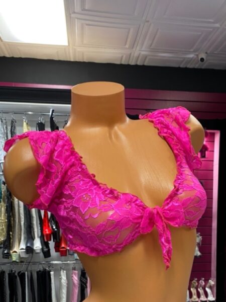 Hot pink lace crop top with ruffle off-shoulder sleeves and tie front