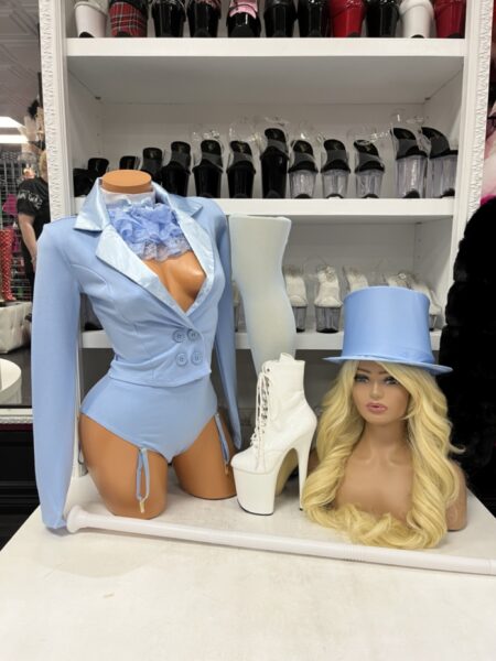 Blue Tuxedo Costume Set by Forplay with cropped blazer, garter leggings, and top hat