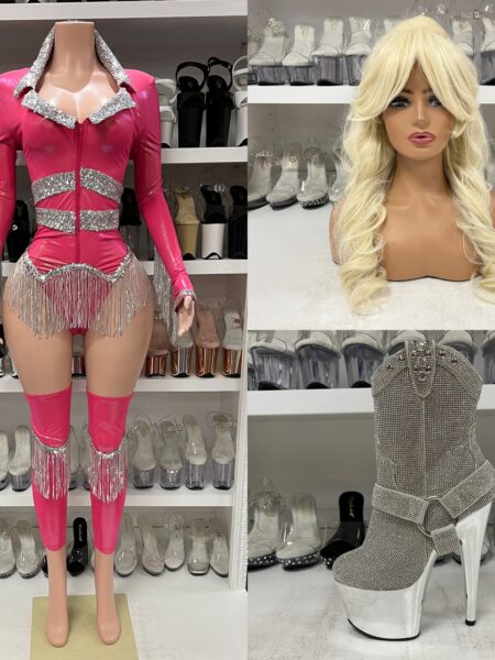 Pink rhinestone superstar costume with fringe bodysuit, leg warmers and blonde wig