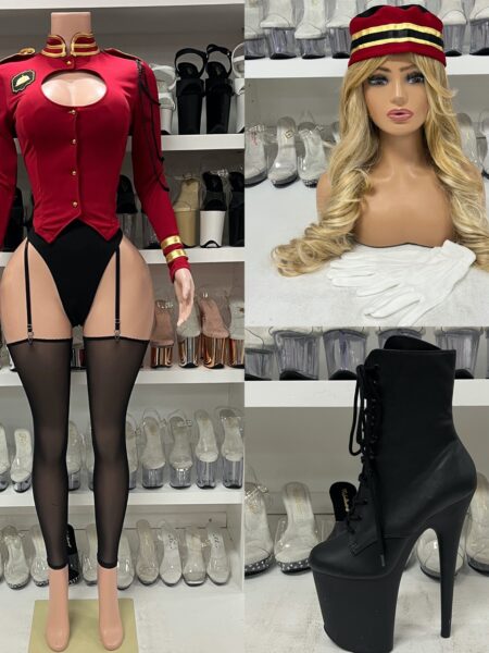 Room Service Costume burgundy bellhop outfit with cutout top, panty, gloves, hat, and gold accents