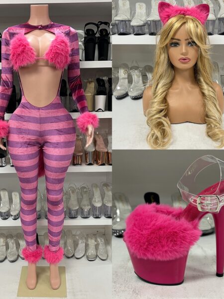 Whisker Wonderland Costume pink-and-purple striped jumpsuit with tail, triangle top, and cat ear headband