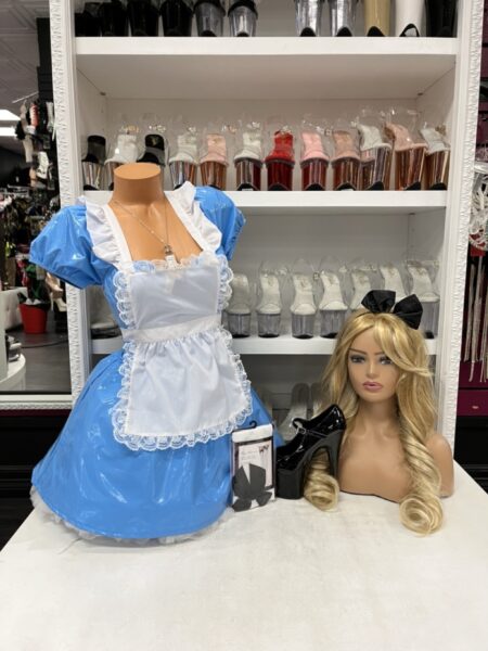 Down The Rabbit Hole Costume Alice-inspired blue dress with apron, socks, headband, and necklace