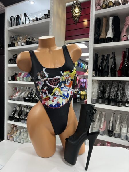 Anime girl print bodysuit on mannequin with black platform heels