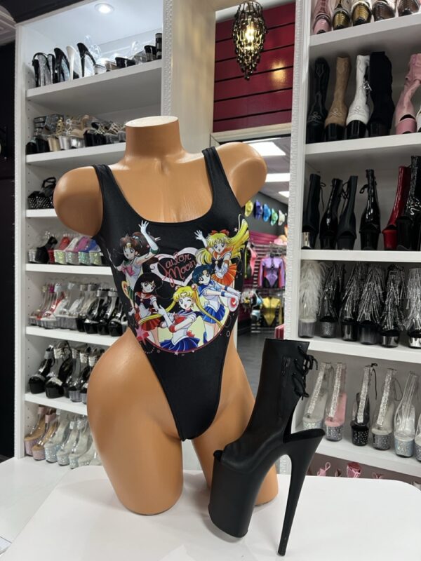 Anime girl print bodysuit on mannequin with black platform heels