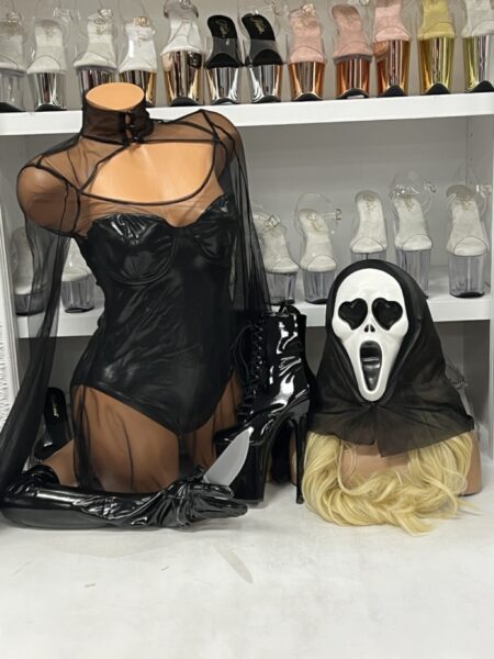 orplay masked horror costume with black bodysuit and mesh dress