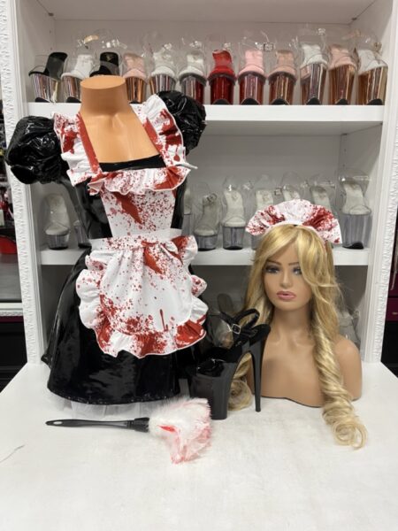 Maid To Kill Costume with bloody maid dress, apron, headband, and thigh highs