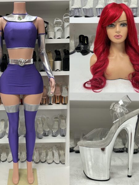 Star Princess Costume with purple crop top, metallic belt, and silver gloves