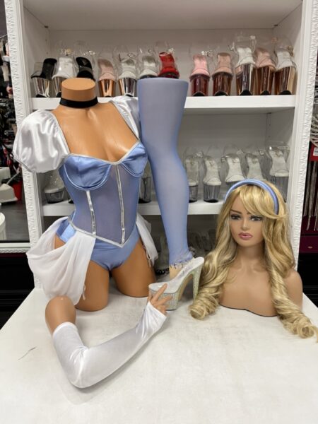 Glass Slipper Costume with shimmering blue bodysuit, garters, and matching accessories