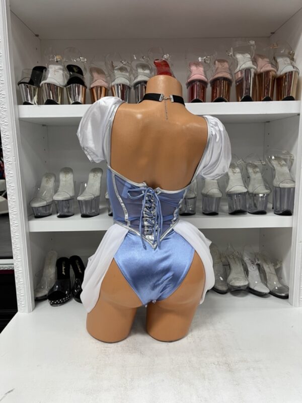 Glass Slipper Costume with shimmering blue bodysuit, garters, and matching accessories