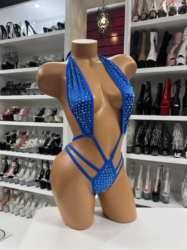 Royal Blue Rhinestone Bodysuit on mannequin with high heels