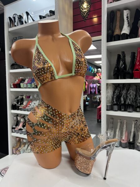 Leopard mint trim set with rhinestone embellishments and strappy cutout details
