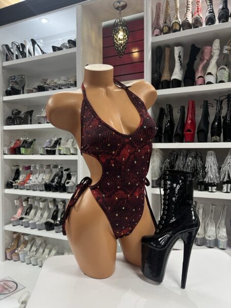 Red sequin bodysuit with halter neck and tie-back design