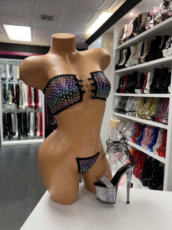Rainbow bikini set with lace-up front and holographic shimmer details