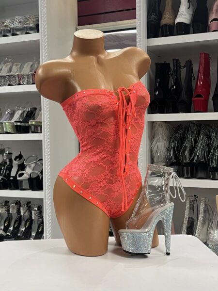 Coral lace strapless bodysuit with front tie detail and sweetheart neckline