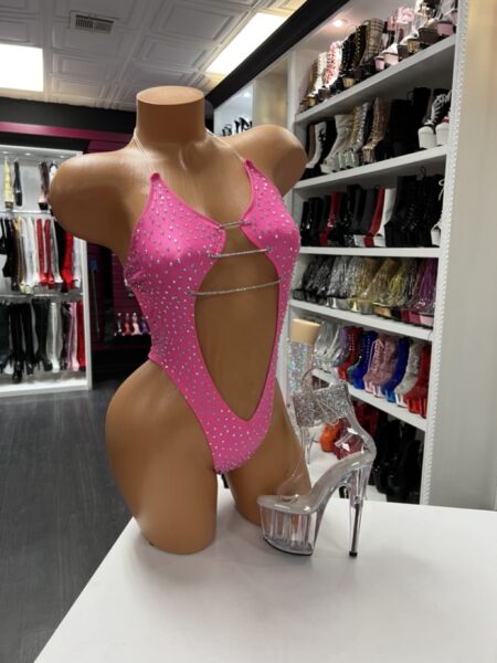 Hot pink rhinestone bodysuit with cutout details and sparkling embellishments