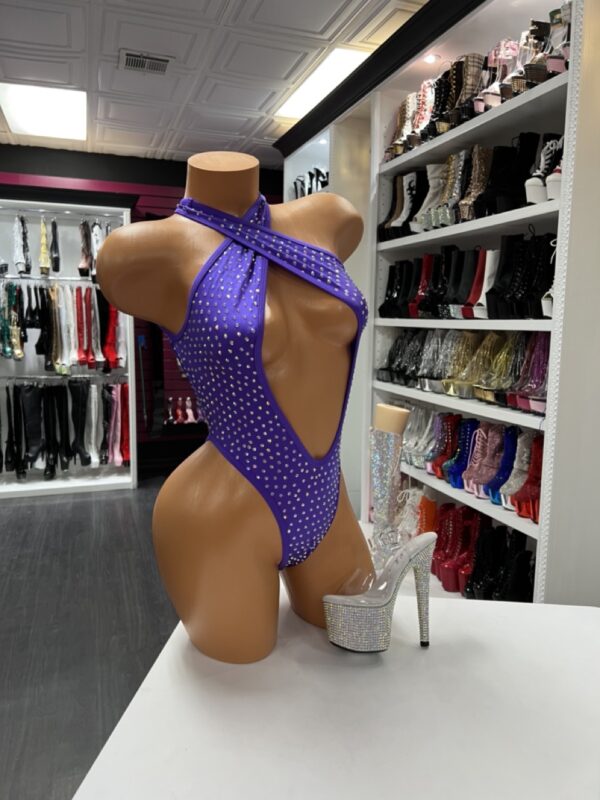 Purple rhinestone bodysuit with halter neck and open back design