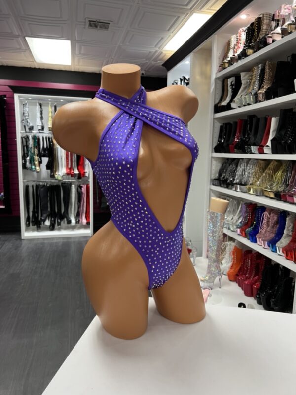 Violet Vixen Purple Rhinestone Halter Bodysuit - Image 4