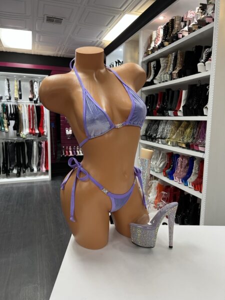 Lavender velvet bikini set with triangle top, rhinestone connectors, and tie-side bottoms for stagewear and nightlife fashion