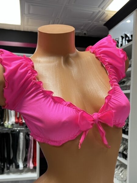 Hot pink ruffle crop top with tie front and off shoulder sleeves