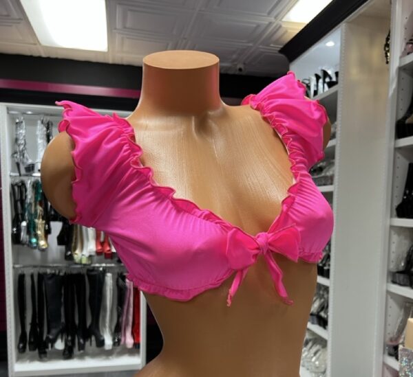 Hot pink ruffle crop top with tie front and off shoulder sleeves