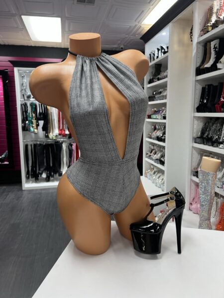grey plaid halter romper with deep plunge neckline