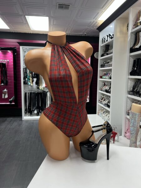 red plaid halter romper with deep plunge neckline