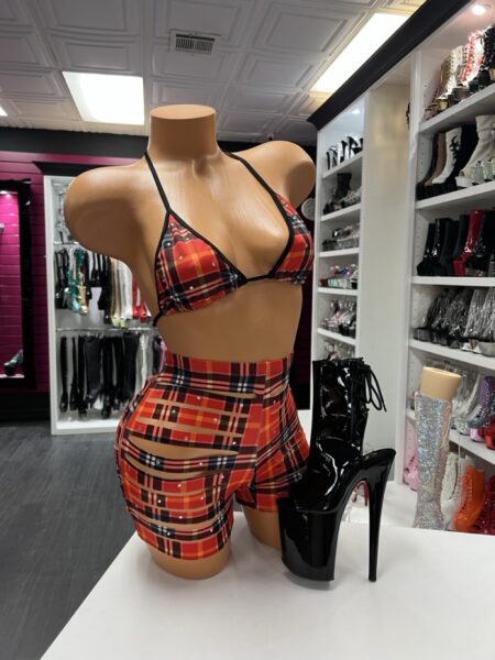 red plaid rhinestone bikini with high-waisted cutout shorts