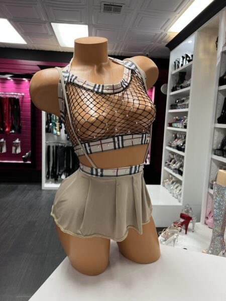 beige plaid skirt set with rhinestone fishnet top