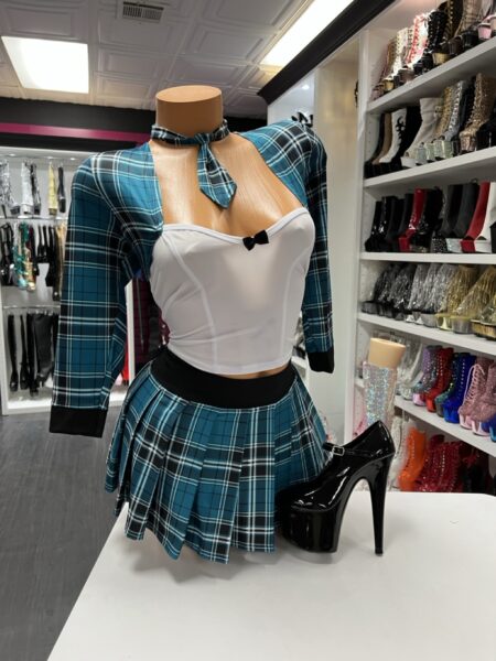 Teal plaid schoolgirl set with bolero, pleated skirt, and bustier