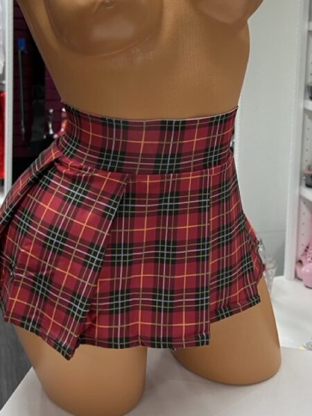 Red plaid pleated mini skirt with high waist